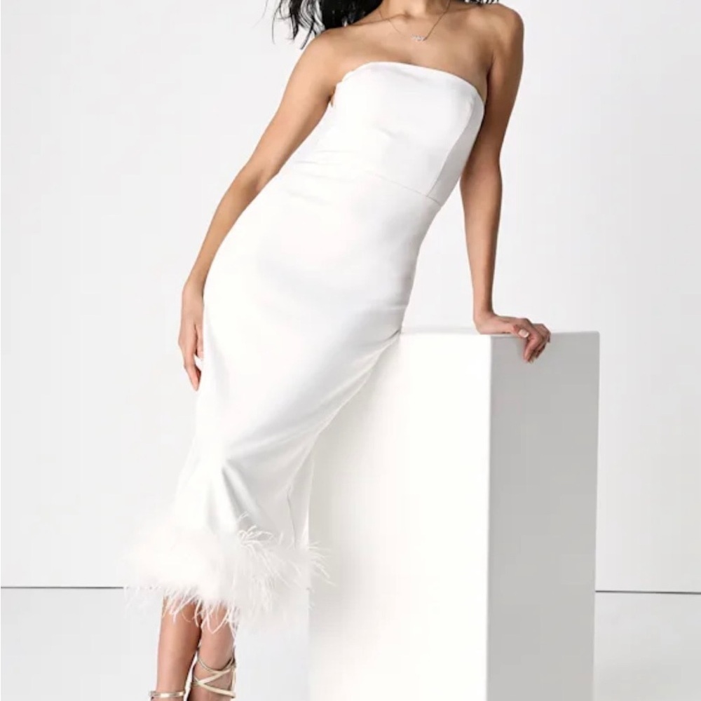 LuLus Strapless White Dress with Feathered Hem